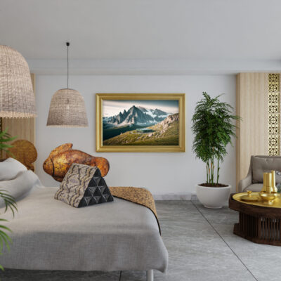 3D illustration Mockup photo frame in bedroom, rendering
